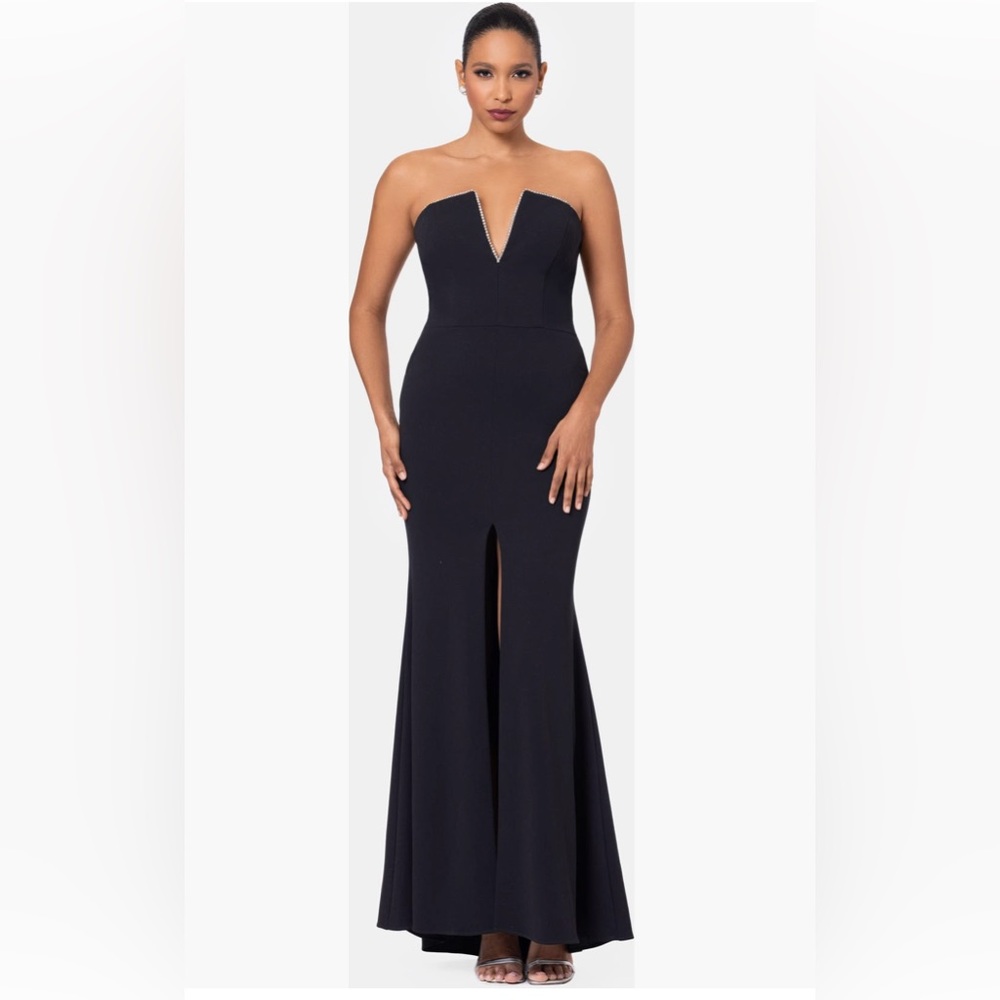 Betsy & Adam Notched Strapless Gown